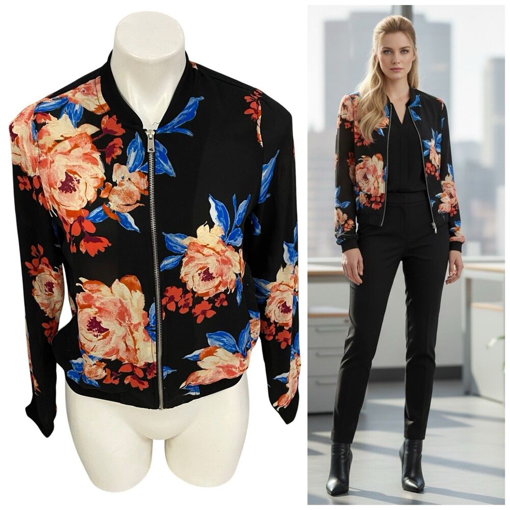 Love Tree Bomber Jacket Womens Small Black Floral Full Zip Pockets Indie Sleaze